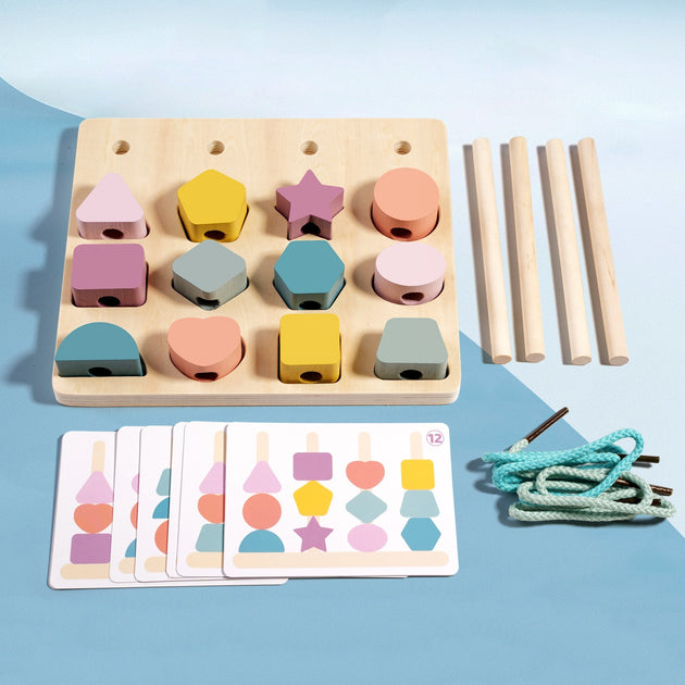 Montessori Wooden Shape Matching and Lacing Toy Set - OFunBuds