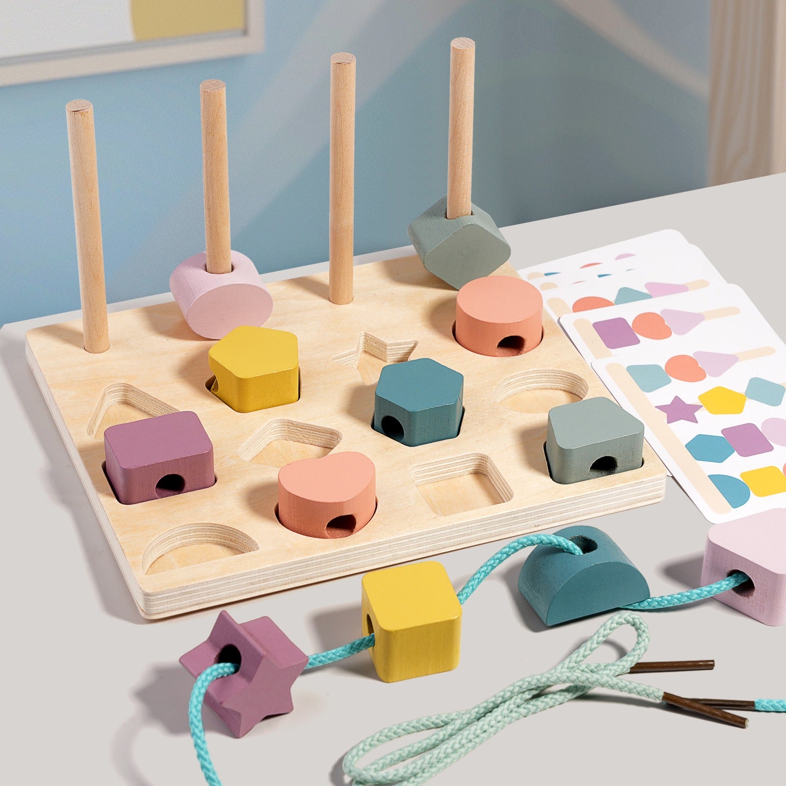 Montessori Wooden Shape Matching and Lacing Toy Set - OFunBuds