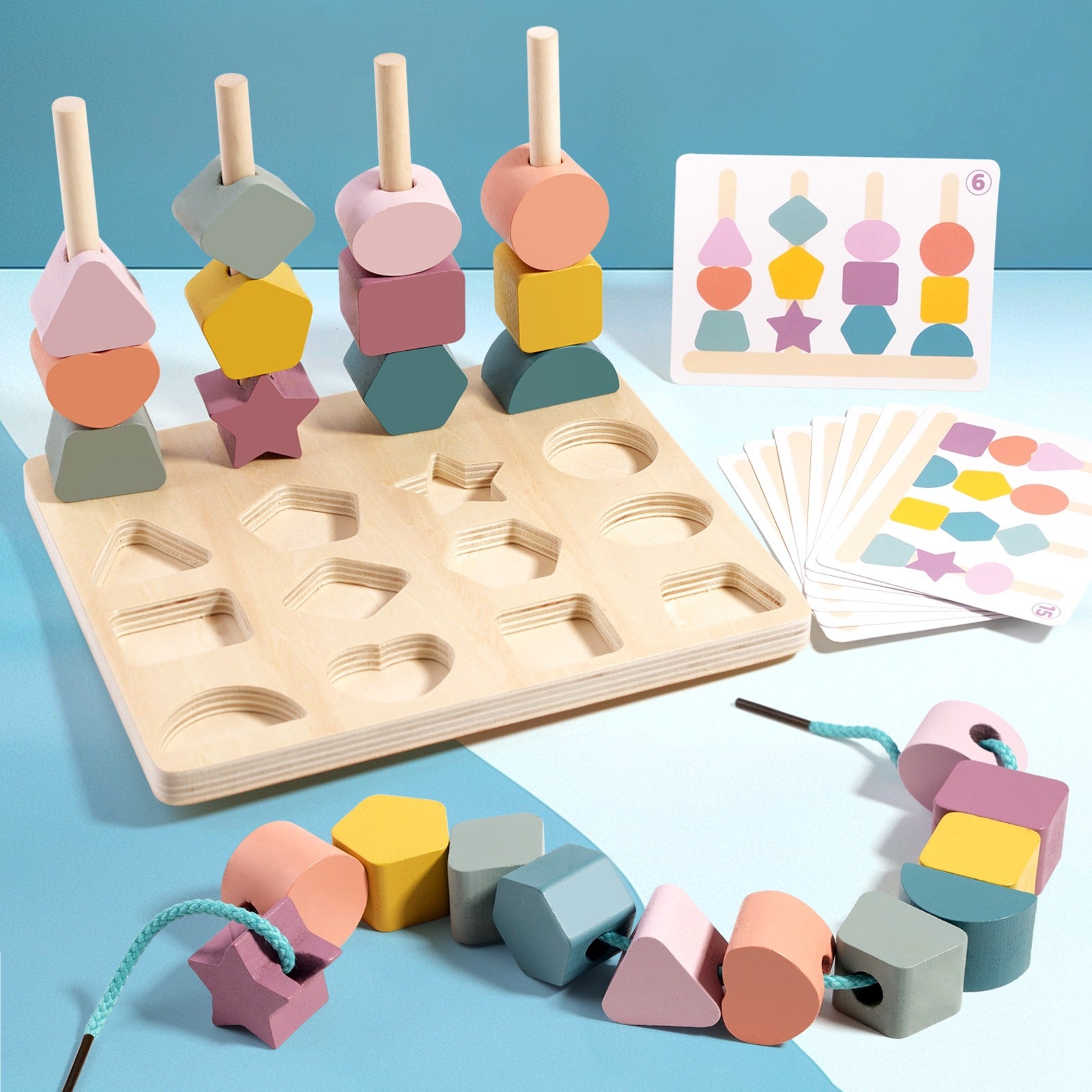 Montessori Wooden Shape Matching and Lacing Toy Set - OFunBuds